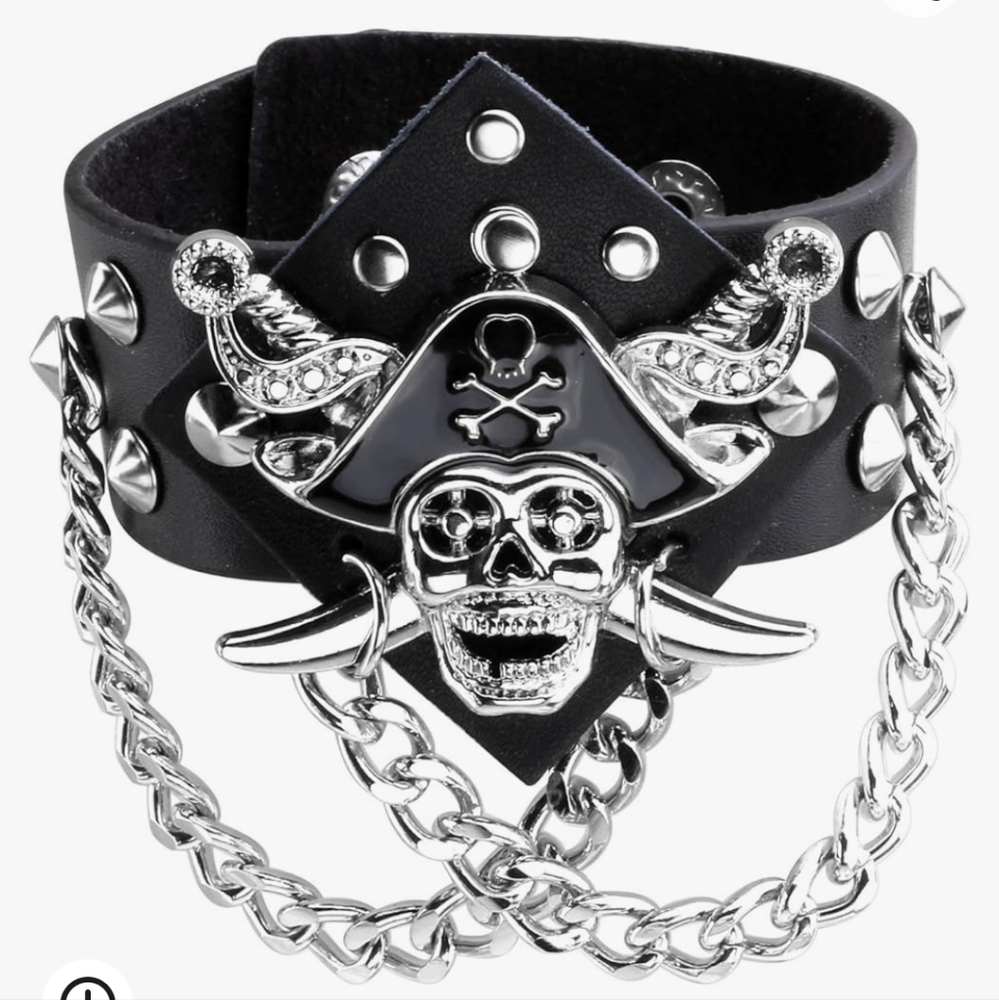 PU Leather Cuff Skull Biker Bracelet Wristband Unisex Chains Bangle Adjustable